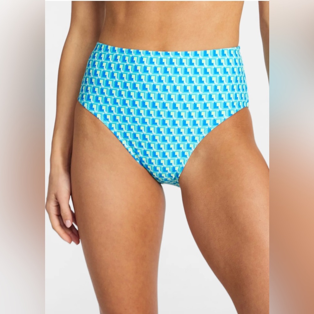NWT Time and Tru High Waist Geo Print Bikini Bottoms Large 12-14 Teal Moon - Picture 2 of 11
